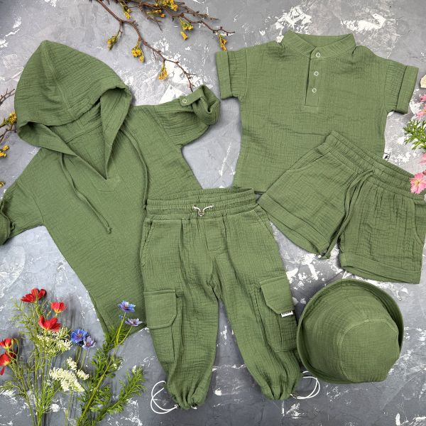 Комплект muslin cotton dark green BEWARM дитячий (штани,футболка,панамка,шорти,туніка)