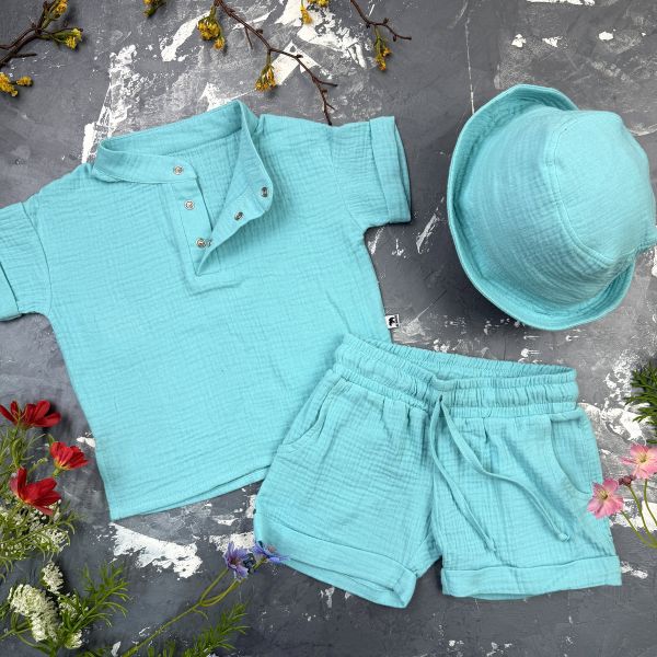 Костюм muslin cotton BEWARM дитячий шорти + футболка + панама Aquamarine
