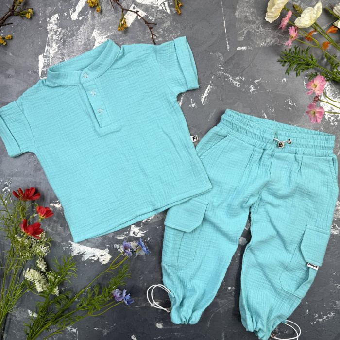 Костюм muslin cotton BEWARM дитячий штани + футболка + панамка Aquamarine