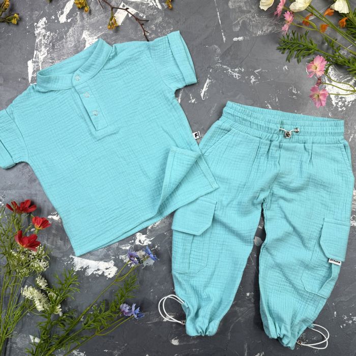 Костюм muslin cotton BEWARM дитячий штани + футболка + панамка Aquamarine