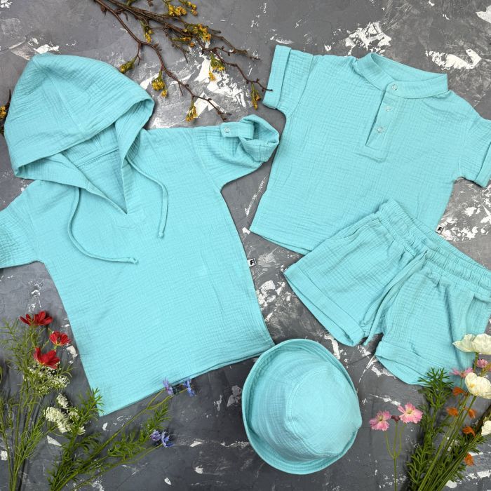 Комплект muslin cotton Aquamarine BEWARM дитячий (штани,футболка,панамка,шорти,туніка)