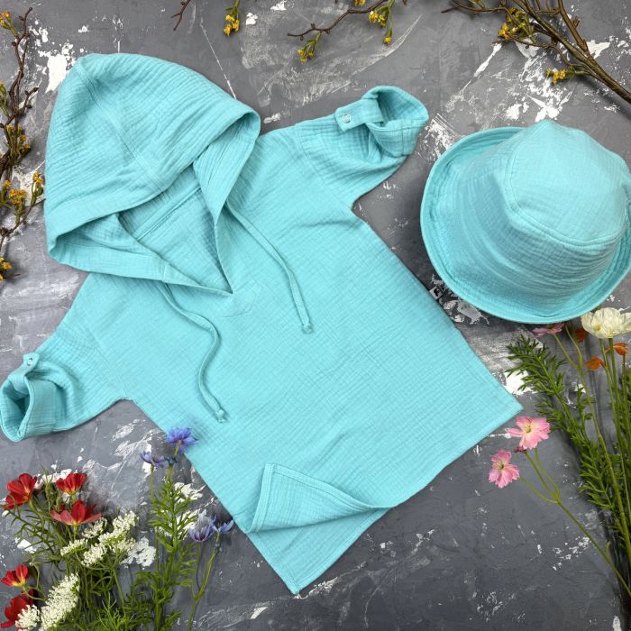 Мусліновий набір туніка + панама дитяча Muslin Cotton BEWARM Aquamarine
