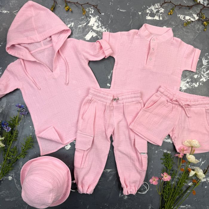 Комплект muslin cotton Pink BEWARM дитячий (штани,футболка,панамка,шорти,туніка)