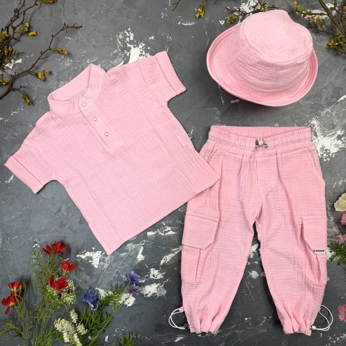Костюм muslin cotton BEWARM дитячий штани + футболка + панамка Рожевий