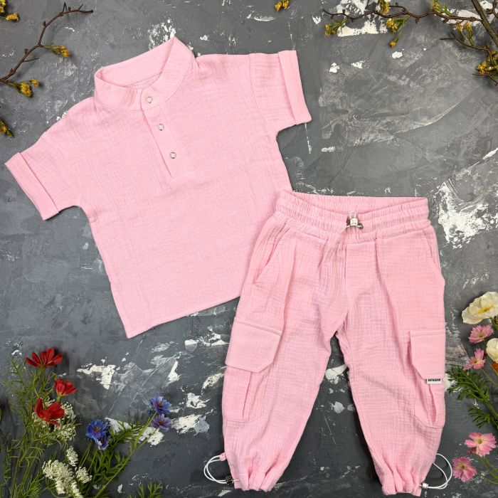 Костюм muslin cotton BEWARM дитячий штани + футболка + панамка Рожевий