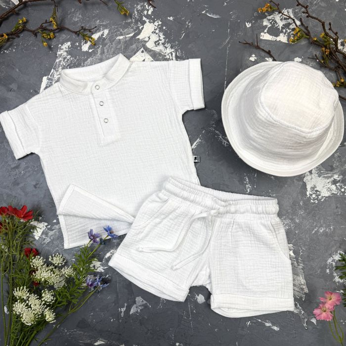 Костюм muslin cotton BEWARM дитячий шорти + футболка + панама White