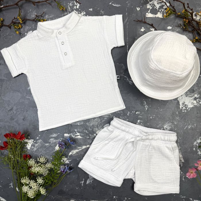 Костюм muslin cotton BEWARM дитячий шорти + футболка + панама White
