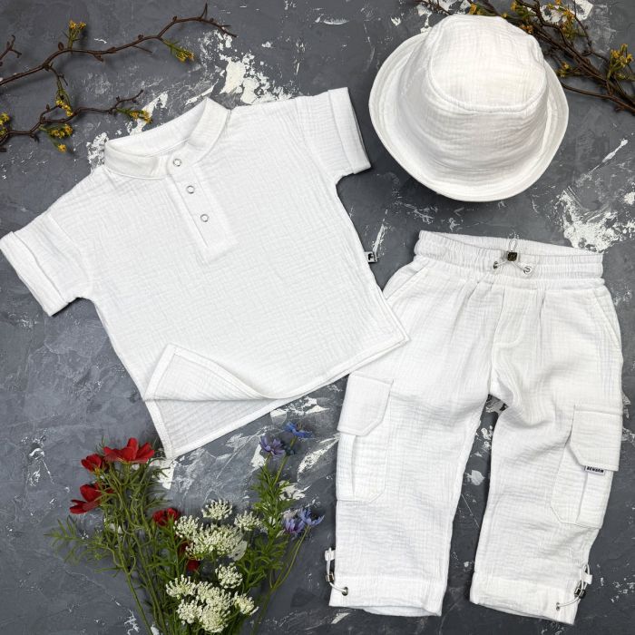 Костюм muslin cotton BEWARM дитячий штани + футболка + панамка Білий