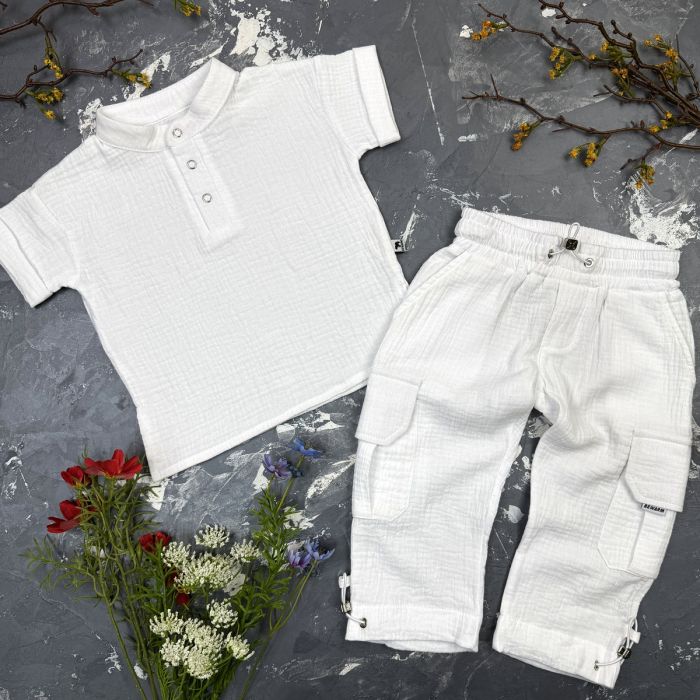 Костюм muslin cotton BEWARM дитячий штани + футболка + панамка Білий