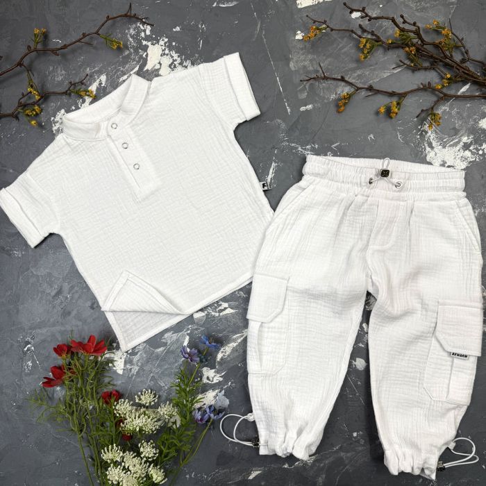 Костюм muslin cotton BEWARM дитячий штани + футболка + панамка Білий