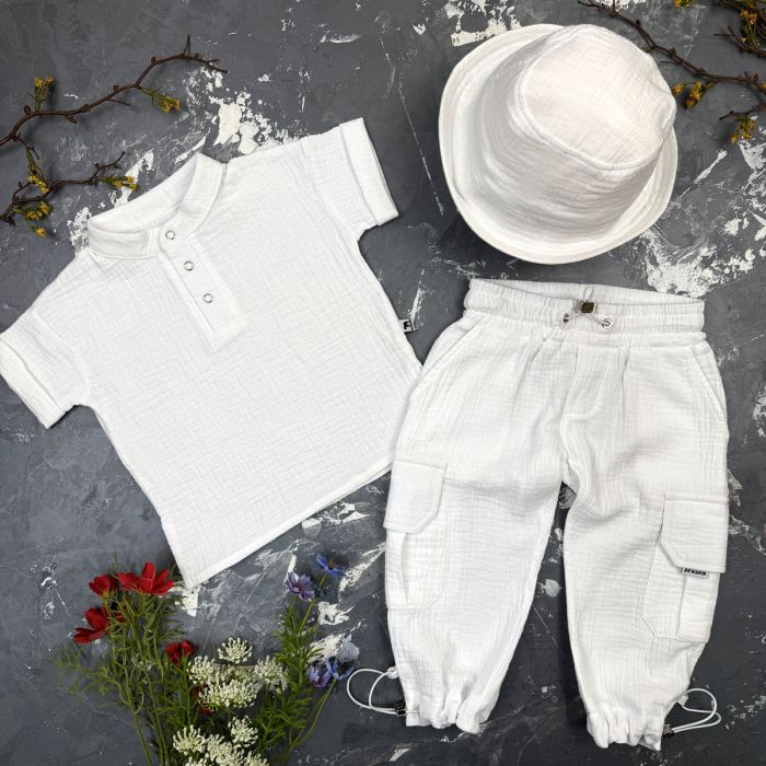 Костюм muslin cotton BEWARM дитячий штани + футболка + панамка Білий
