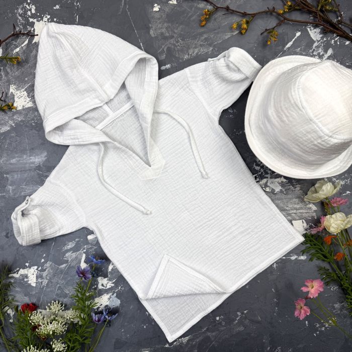 Мусліновий набір туніка + панама дитяча Muslin Cotton BEWARM White