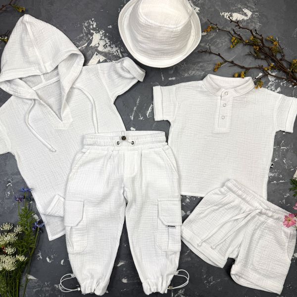 Комплект muslin cotton White BEWARM дитячий (штани,футболка,панамка,шорти,туніка)
