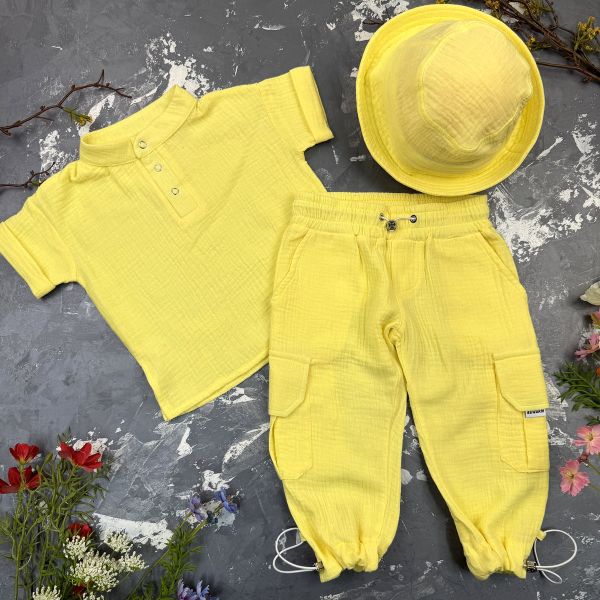 Костюм muslin cotton BEWARM дитячий штани + футболка + панамка Sunny-Yellow