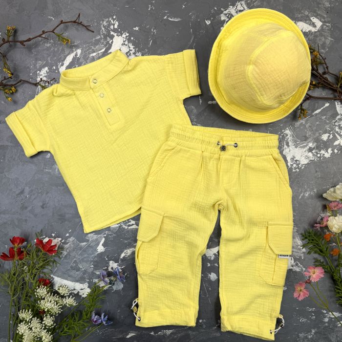 Костюм muslin cotton BEWARM дитячий штани + футболка + панамка Sunny-Yellow