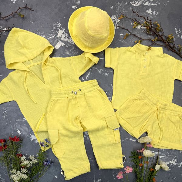 Комплект muslin cotton Sunny-Yellow BEWARM дитячий (штани,футболка,панамка,шорти,туніка)