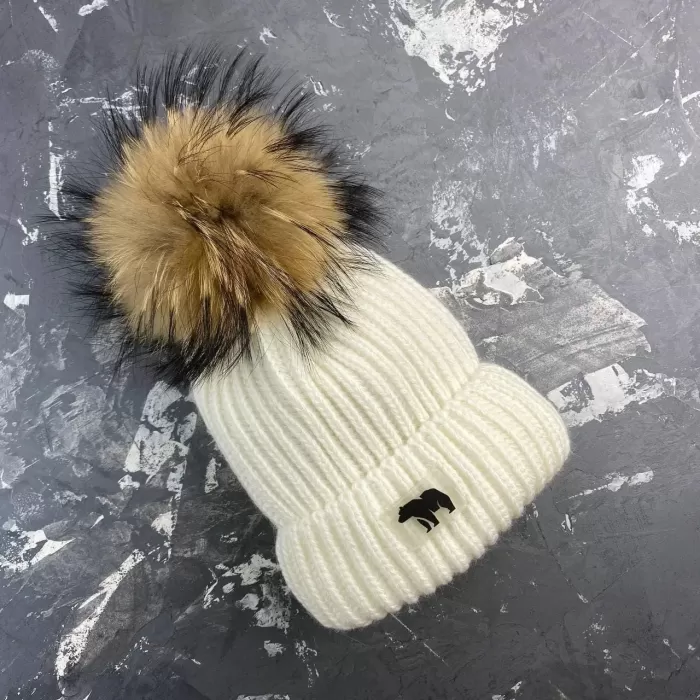 Зимовий в'язаний комплект дитячий молочний з натуральним бубоном KID BEWARM